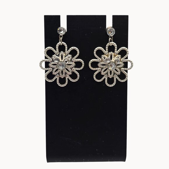 Women's Silver-Tone Dangle Drop Riveted Metal Rhinestone Center Floral Earrings - Picture 3 of 9